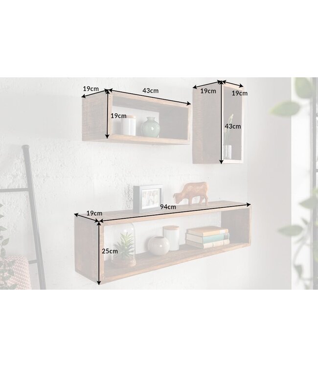 Invicta Interior Stevige wandplank set van 3 HEMINGWAY 94cm bruin gemaakt van mangohout - 41067