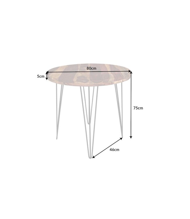 Invicta Interior Ronde massief houten eettafel MAKASSAR 80cm naturel zwarte Sheesham Haarspeldpoten - 40781