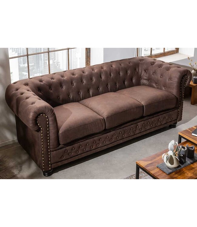 Invicta Interior Chesterfield 3-zitsbank 200cm vintage bruin 3-zits met knoopstiksel en veerkern - 40652
