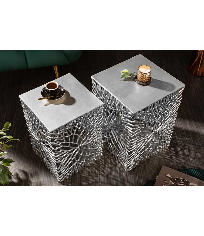 Invicta Interior Filigraan bijzettafel set van 2 ABSTRACT LEAF 45cm zilver handgemaakt - 40612