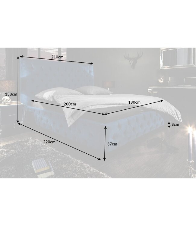 Invicta Interior Design tweepersoonsbed PARIS 180x200cm donkerblauw fluweel Chesterfield - 40556
