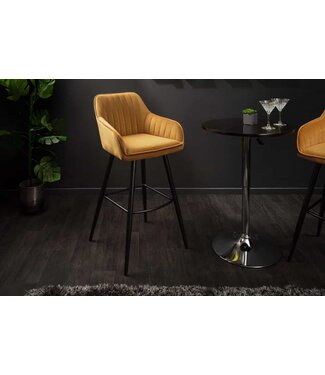 Invicta Interior Elegante barkruk TURIN mosterdgeel fluweel met decoratieve doorgestikte barstoel met armleuning - 40437