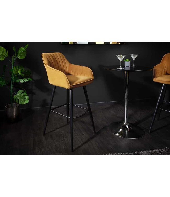 Invicta Interior Elegante barkruk TURIN mosterdgeel fluweel met decoratieve doorgestikte barstoel met armleuning - 40437