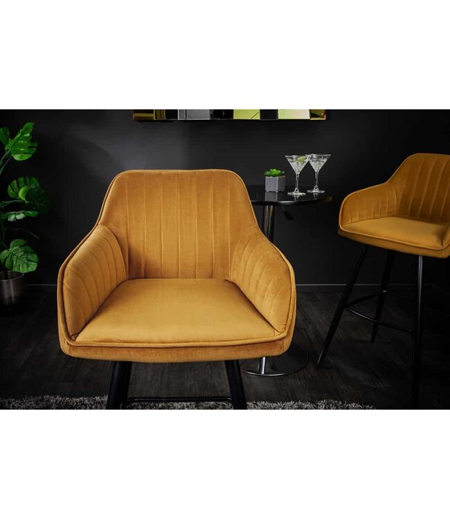 Invicta Interior Elegante barkruk TURIN mosterdgeel fluweel met decoratieve doorgestikte barstoel met armleuning - 40437