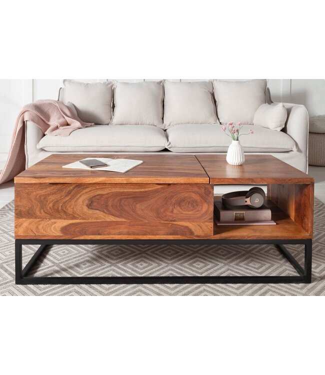 Invicta Interior In hoogte verstelbare salontafel MAKASSAR FUNCTION 110cm massief sheeshamhout met opbergruimte metaal - 40299