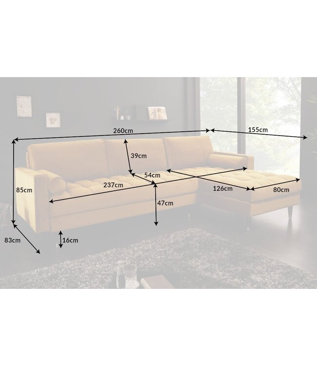 Invicta Interior Elegante hoekbank COSY VELVET 260cm mosterdgeel fluwelen veerkern 3-zitsbank - 40277