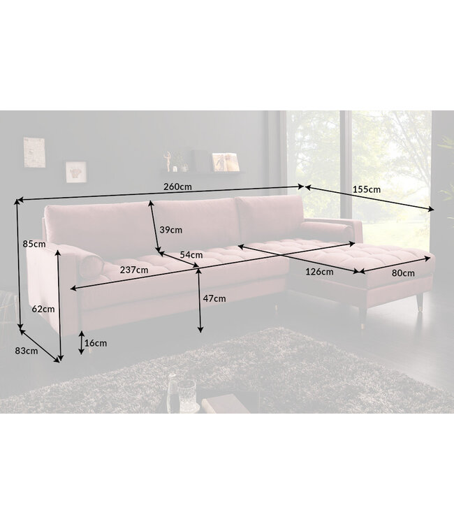 Invicta Interior Elegante hoekbank COSY VELVET 260cm oudroze fluwelen springkern 3-zitsbank - 40276