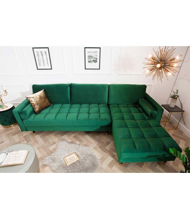 Invicta Interior Elegante hoekbank COSY VELVET 260cm smaragdgroene fluwelen veerkern 3-zitsbank - 40274