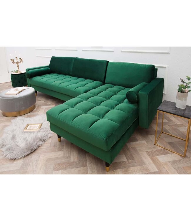 Invicta Interior Elegante hoekbank COSY VELVET 260cm smaragdgroene fluwelen veerkern 3-zitsbank - 40274