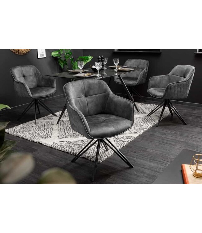 Invicta Interior Draaibare design stoel EUPHORIA donkergrijs fluweel met armleuning metalen frame zwart - 40263