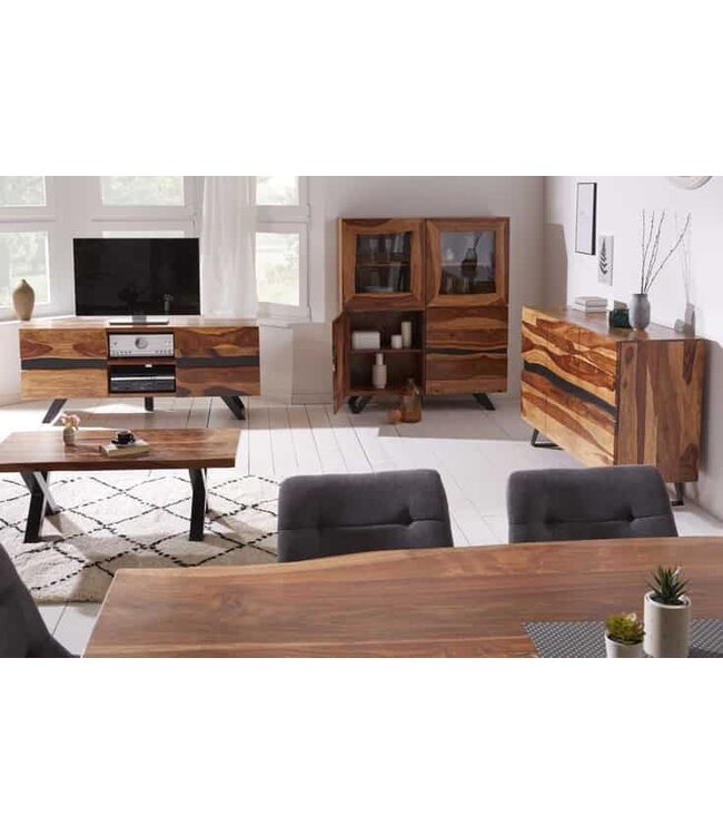 Invicta Interior Massief dressoir AMAZONAS 140cm bruine sheeshamhouten vitrinekast met boomrand - 40195