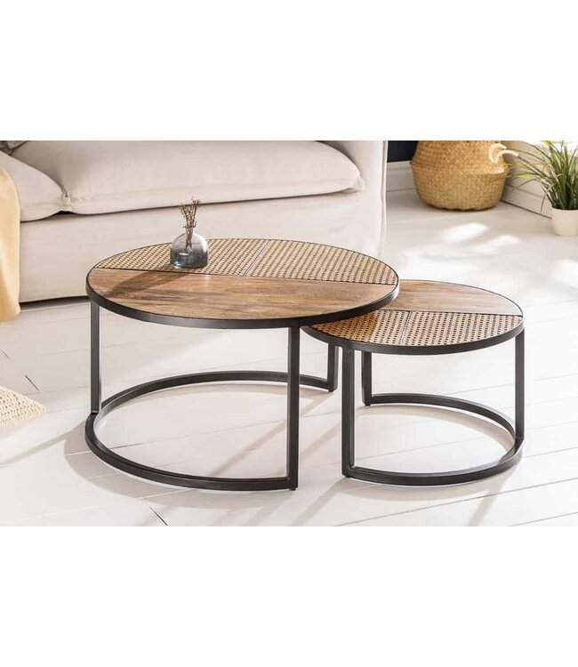 Invicta Interior Set van 2 salontafels VIENNA LOUNGE 70cm rond massief mangohout Weens rieten metalen frame zwart - 40135