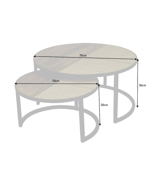 Invicta Interior Set van 2 salontafels VIENNA LOUNGE 70cm rond massief mangohout Weens rieten metalen frame zwart - 40135