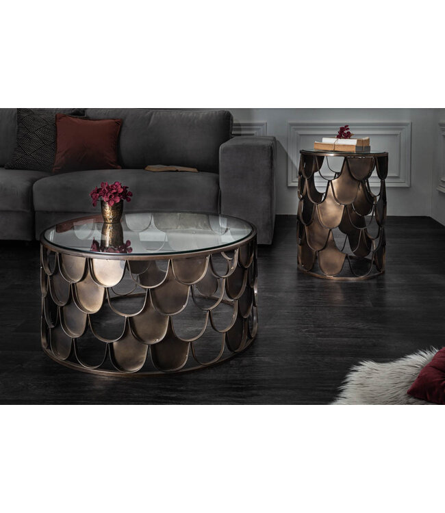 Invicta Interior industrieele bijzettafel ABSTRACT 55cm antiek messing metaal visschub design rond glas - 40111