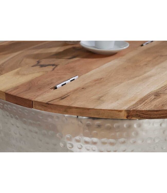 Invicta Interior Ronde salontafel ORIENT STORAGE 60cm zilver acaciahout met opbergruimte handgemaakt gehamerd - 40109