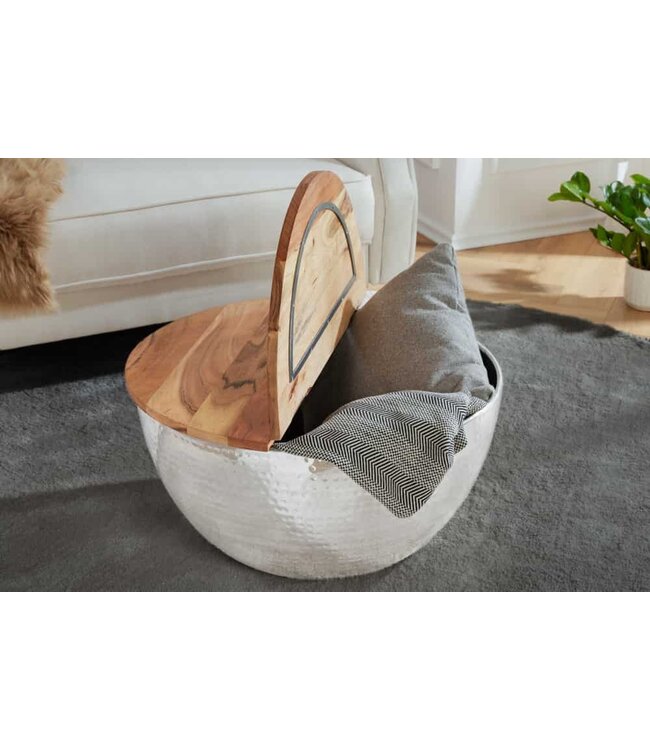 Invicta Interior Ronde salontafel ORIENT STORAGE 60cm zilver acaciahout met opbergruimte handgemaakt gehamerd - 40109