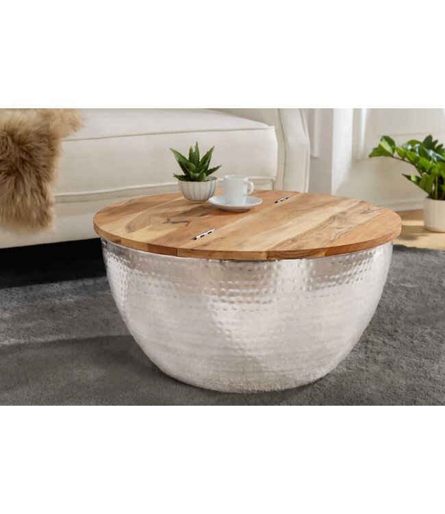 Invicta Interior Ronde salontafel ORIENT STORAGE 60cm zilver acaciahout met opbergruimte handgemaakt gehamerd - 40109