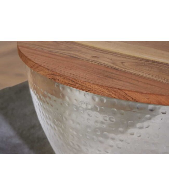 Invicta Interior Ronde salontafel ORIENT STORAGE 60cm zilver acaciahout met opbergruimte handgemaakt gehamerd - 40109