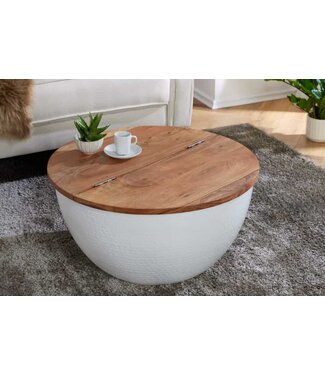 Invicta Interior Ronde salontafel ORIENT STORAGE 60cm wit acaciahout met opbergruimte handgemaakt gehamerd - 40108