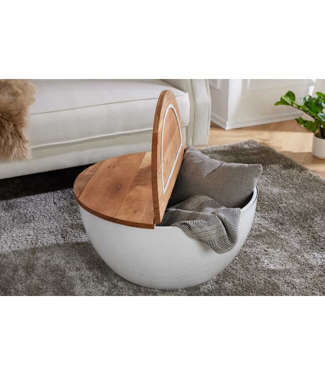 Invicta Interior Ronde salontafel ORIENT STORAGE 60cm wit acaciahout met opbergruimte handgemaakt gehamerd - 40108