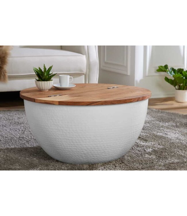 Invicta Interior Ronde salontafel ORIENT STORAGE 60cm wit acaciahout met opbergruimte handgemaakt gehamerd - 40108
