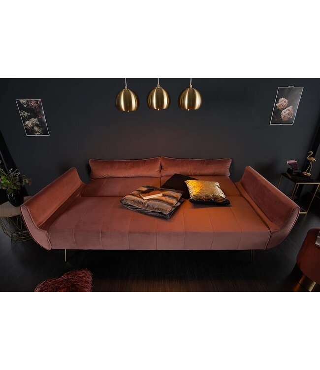 Invicta Interior Retro slaapbank DIVANI 220cm oudroze fluweel gouden poten bedfunctie 3-zitsbank - 40091