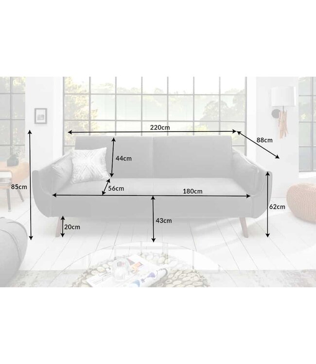 Invicta Interior Retro slaapbank DIVANI 220cm zilvergrijs fluweel 3-zitsbank met bedfunctie - 40087