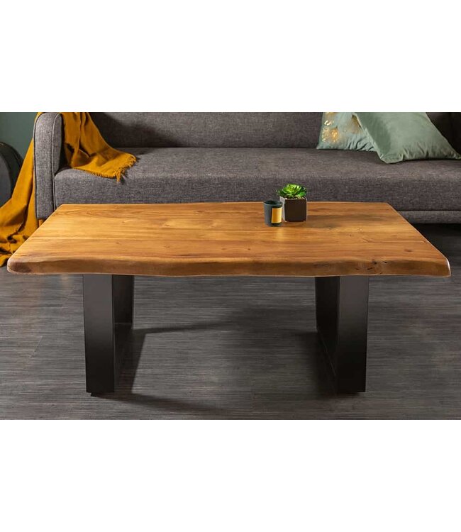 Invicta Interior Massief houten boomstam salontafel MAMMUT 110 cm acacia zwart metalen frame 3,5 cm tafelblad - 40014