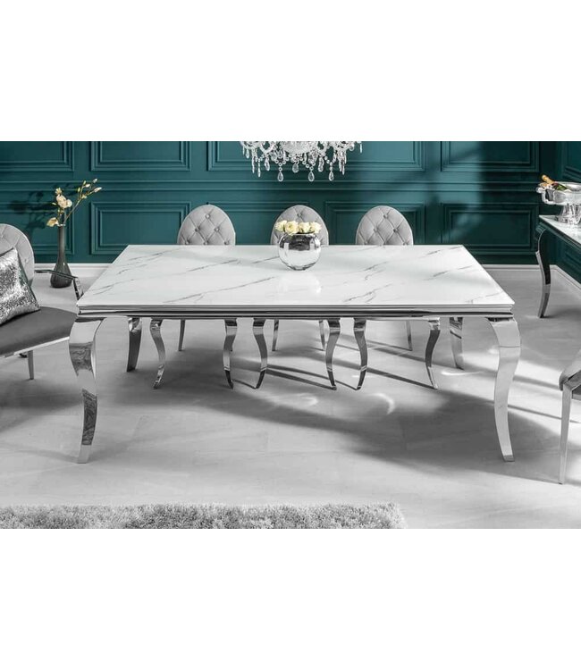 Invicta Interior Design eettafel MODERN BAROQUE 200cm wit chroom glasblad marmer roestvrijstalen poten - 39996