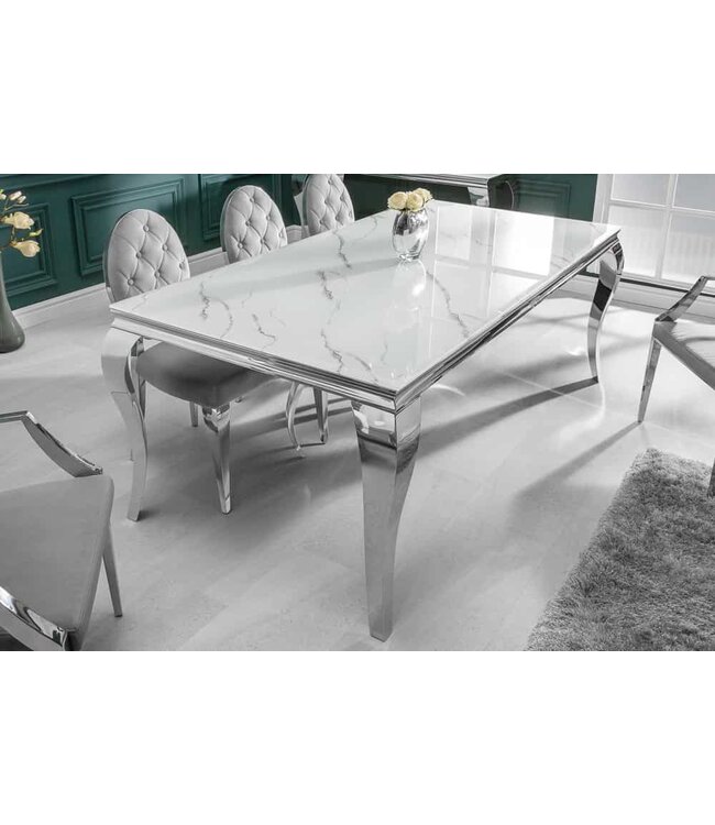 Invicta Interior Design eettafel MODERN BAROQUE 200cm wit chroom glasblad marmer roestvrijstalen poten - 39996