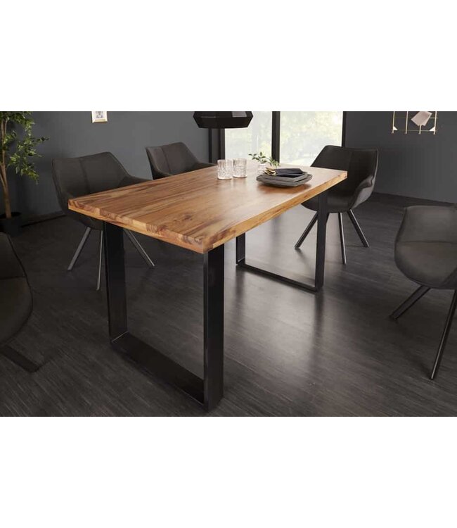 Invicta Interior Massief houten eettafel IRON CRAFT 120 cm natuurlijke Sheesham steenafwerking zwarte metalen poten loper - 39866