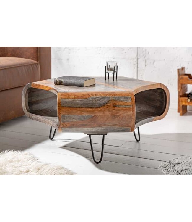 Invicta Interior Retro salontafel ORGANIC LIVING 80cm grijze smoke afwerking Sheesham palissander massief houten haarspeldpoten - 39753