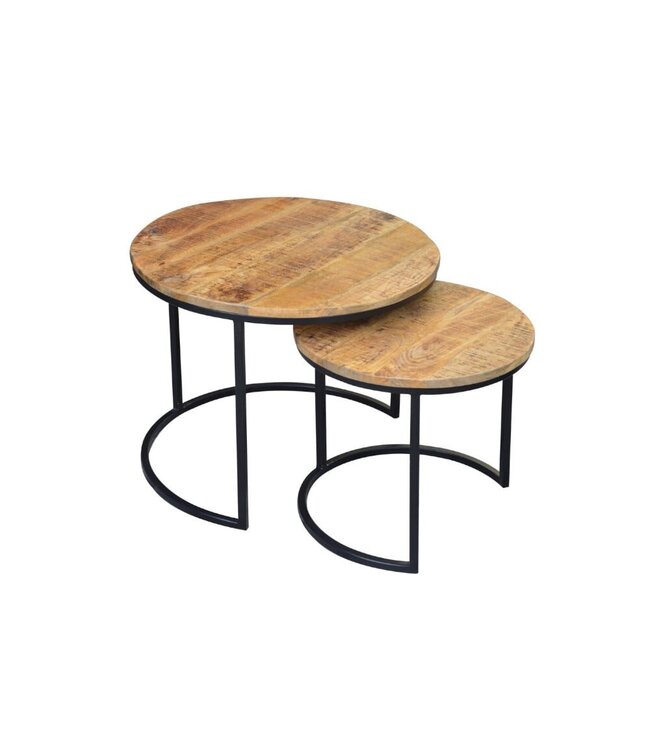 Invicta Interior industrieele set van 2 bijzettafels ELEMENTS 60cm massief mangohout rond zwart metalen frame - 39656