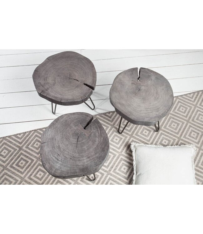 Invicta Interior Ronde bijzettafel GOA 45cm grijs massief acaciahout boomschijf kruk haarspeldpoten metaal - 39597