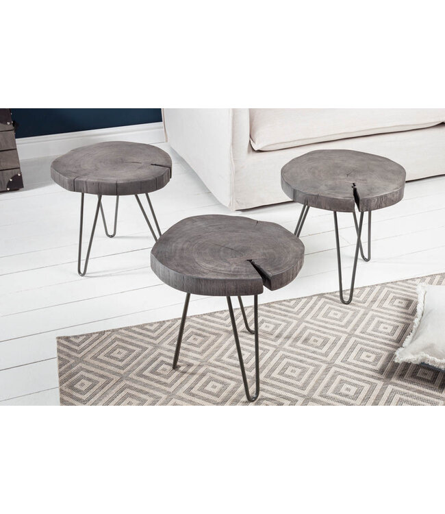 Invicta Interior Ronde bijzettafel GOA 45cm grijs massief acaciahout boomschijf kruk haarspeldpoten metaal - 39597