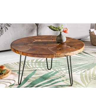 Invicta Interior Ronde massief houten salontafel MOSAIK 70cm natuurlijk teakhout haarspeldpoten zwart metaal handgemaakt - 39540