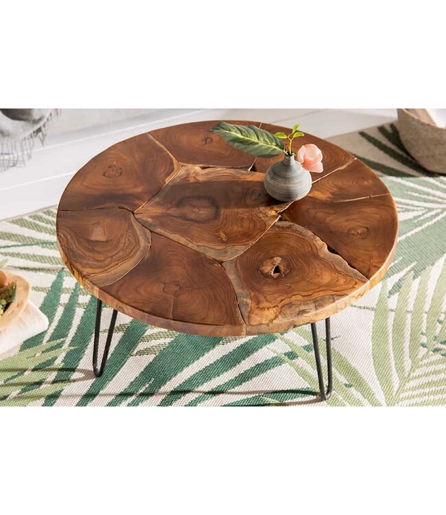 Invicta Interior Ronde massief houten salontafel MOSAIK 70cm natuurlijk teakhout haarspeldpoten zwart metaal handgemaakt - 39540