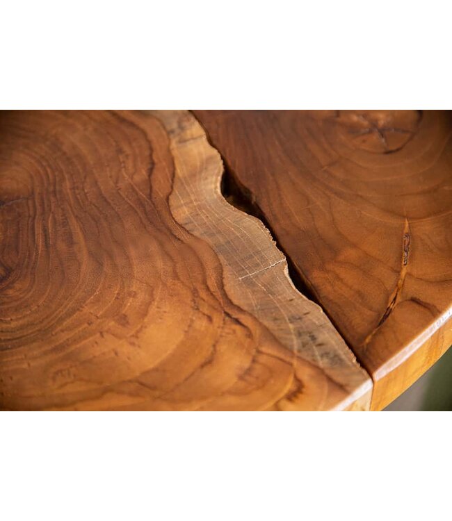 Invicta Interior Ronde massief houten salontafel MOSAIK 70cm natuurlijk teakhout haarspeldpoten zwart metaal handgemaakt - 39540