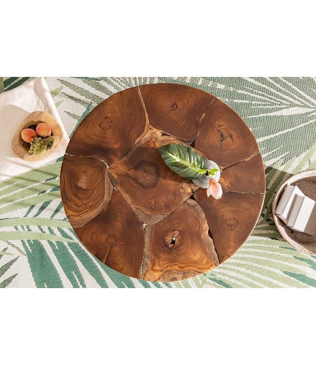 Invicta Interior Ronde massief houten salontafel MOSAIK 70cm natuurlijk teakhout haarspeldpoten zwart metaal handgemaakt - 39540