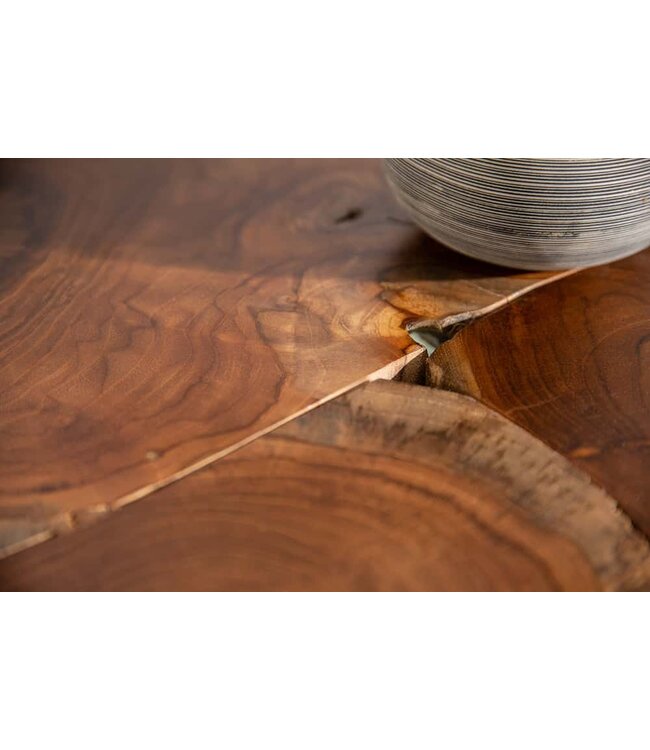 Invicta Interior Ronde massief houten salontafel MOSAIK 70cm natuurlijk teakhout haarspeldpoten zwart metaal handgemaakt - 39540