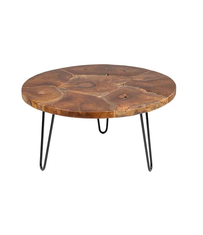 Invicta Interior Ronde massief houten salontafel MOSAIK 70cm natuurlijk teakhout haarspeldpoten zwart metaal handgemaakt - 39540