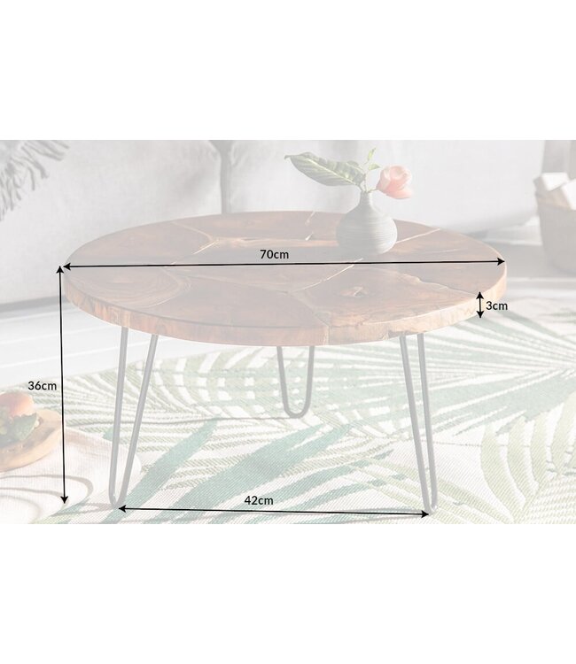 Invicta Interior Ronde massief houten salontafel MOSAIK 70cm natuurlijk teakhout haarspeldpoten zwart metaal handgemaakt - 39540