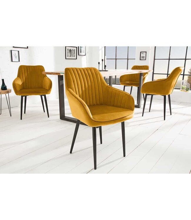 Invicta Interior Elegante armleuningstoel TURIJN mosterdgeel fluweel met decoratieve stiksels - 39528