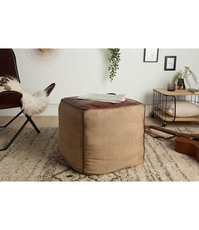 Invicta Interior Retro poef MUSTANG lederen bekleding 45cm met linnen zitkubus - 39525