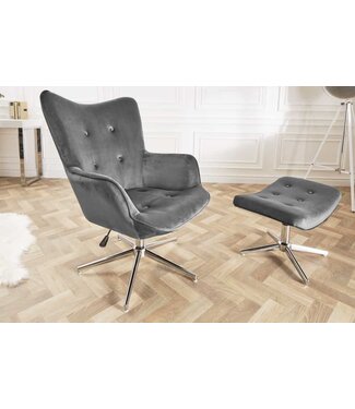 Invicta Interior Design fauteuil MR. LOUNGER grijs chroom fluweel in hoogte verstelbaar draaibaar retro - 39511