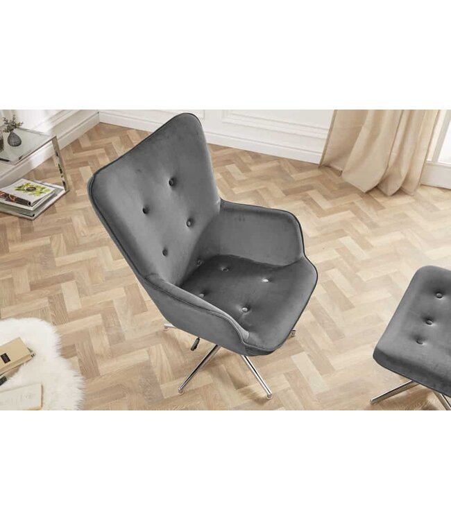 Invicta Interior Design fauteuil MR. LOUNGER grijs chroom fluweel in hoogte verstelbaar draaibaar retro - 39511