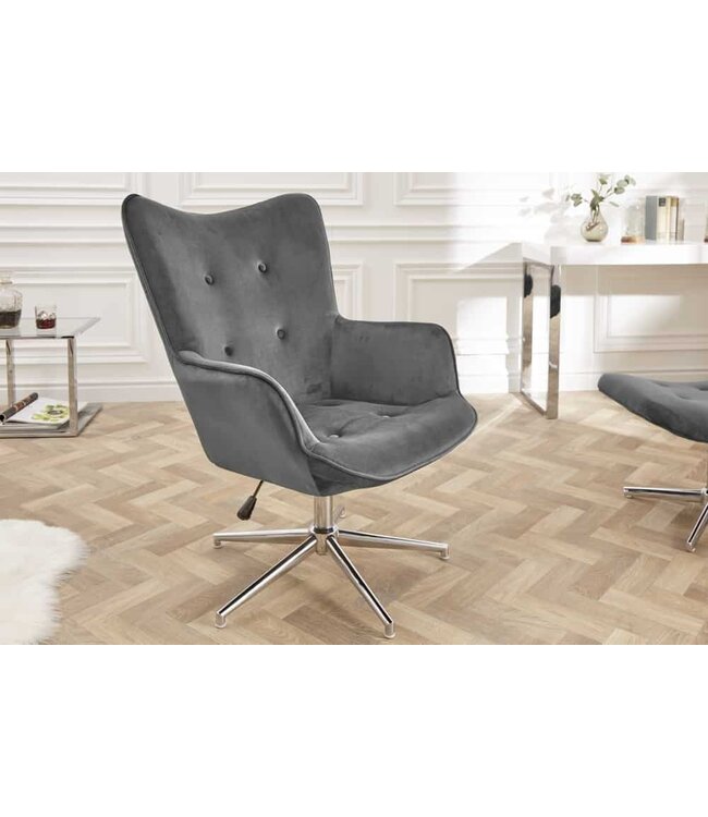 Invicta Interior Design fauteuil MR. LOUNGER grijs chroom fluweel in hoogte verstelbaar draaibaar retro - 39511