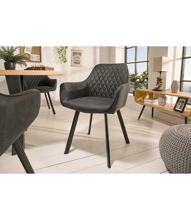 Invicta Interior Retro stoel PALERMO antraciet met armleuning en decoratieve stiksels - 39342