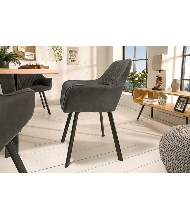 Invicta Interior Retro stoel PALERMO antraciet met armleuning en decoratieve stiksels - 39342