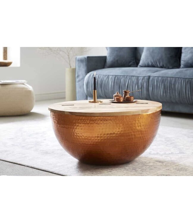 Invicta Interior Ronde salontafel ORIENT STORAGE 60cm koper gehamerd handgemaakt acaciahout met opbergruimte - 39253